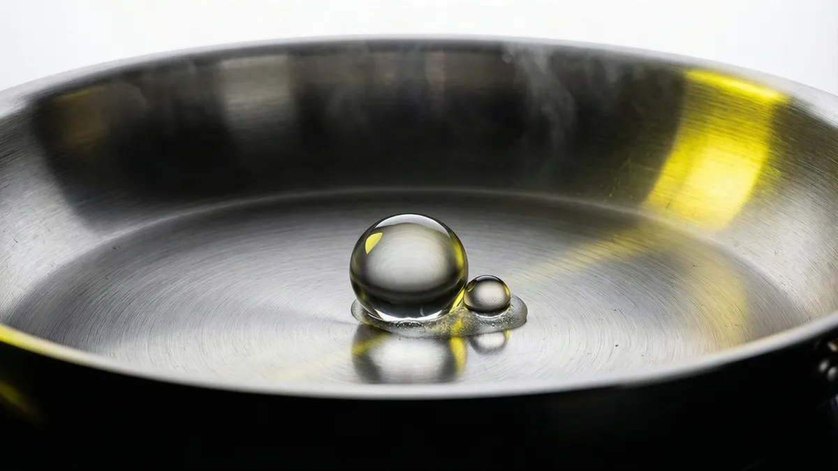 Gota de agua formando una bola que patina sobre una sartén de acero inoxidable muy caliente