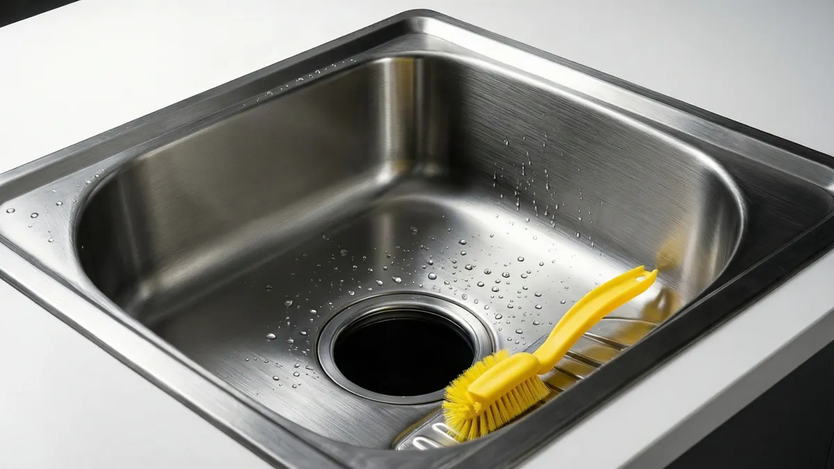 Fregadero de acero inoxidable con gotas de agua y un cepillo amarillo junto al desagüe