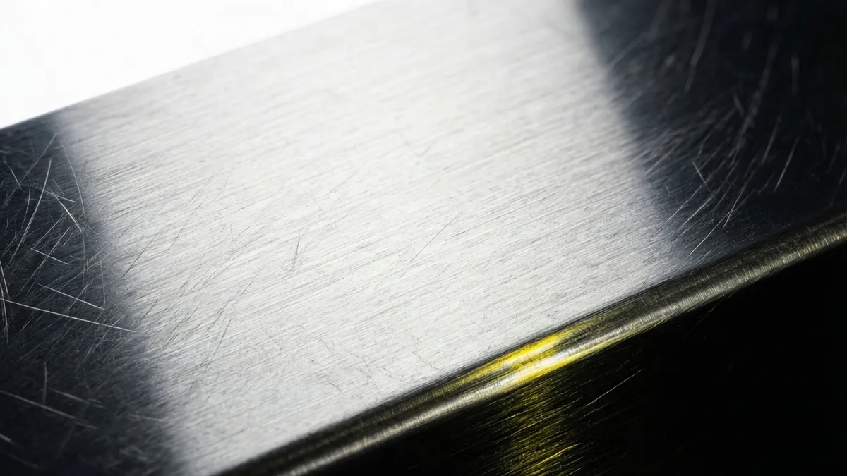 Primer plano del grano cepillado de una lámina de acero inoxidable con un reflejo amarillo