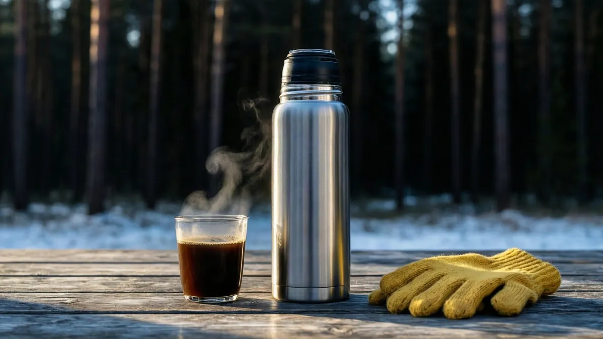 Termo de acero inoxidable en una mesa de madera nevada, con un vaso de café humeante y guantes